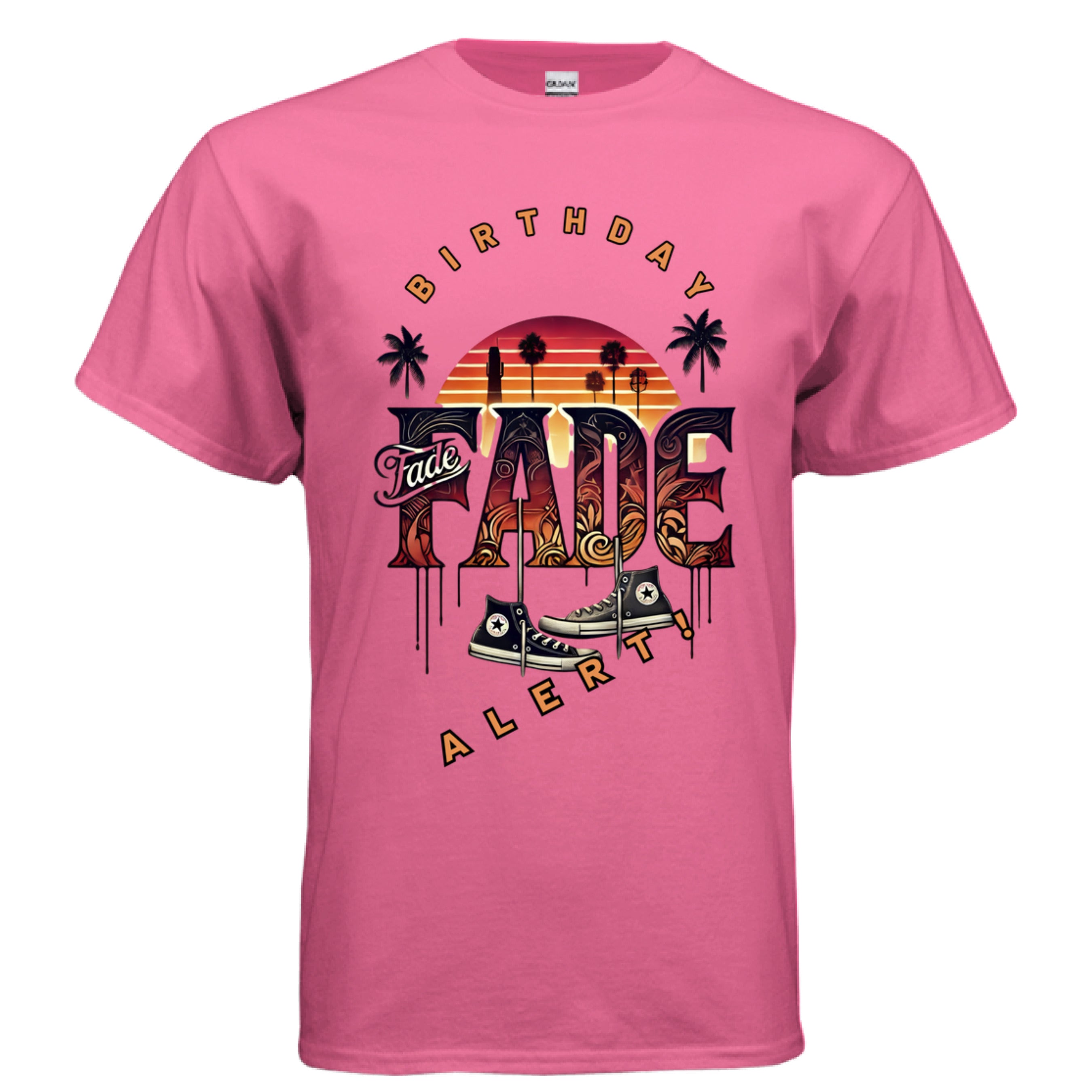 Fade Birthday Vs Everybody graphic t-shirt safety pink front view