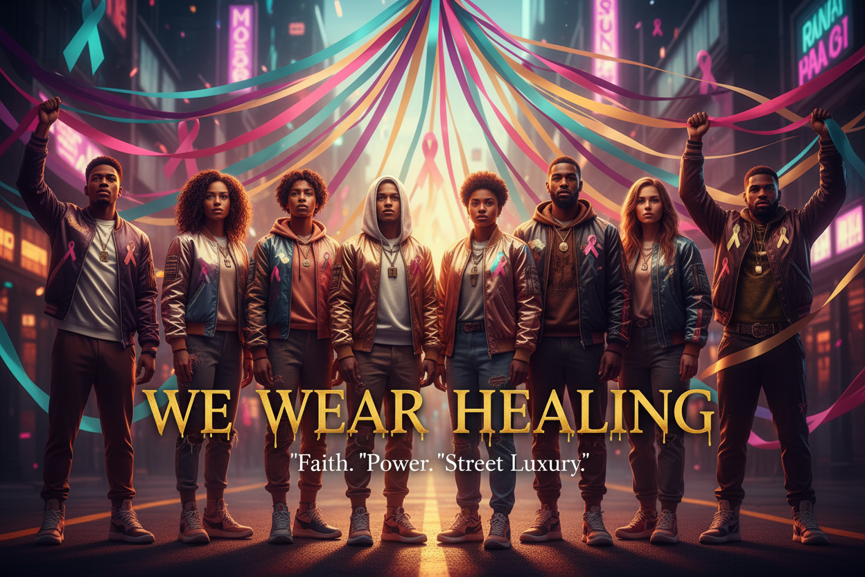 people holding up their ribbons of illness, it should say in the middle We Wear Healing Faith. Power. Street Luxury Put the main line "We Wear Healing" in bold serif or graffiti-luxury mix font (playfair display or bold street script/ Subtext smaller, spaced below, in clean sans-serif (Montserrat/ Poppins). Use gold or white text depending on background tone  