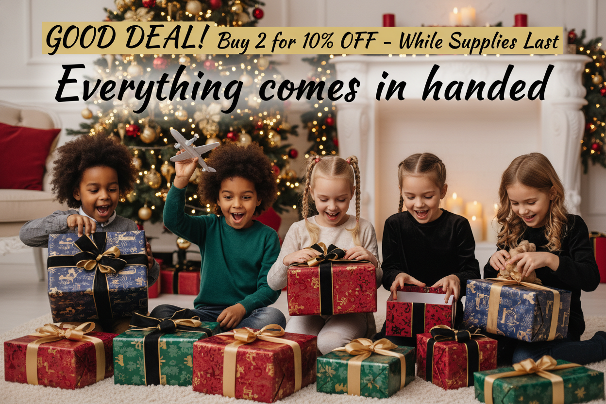 showcase some kids opening a gift warp for Xmas and then add a good deal but 2 for 10& off while supplies last. Everything comes in handed.   